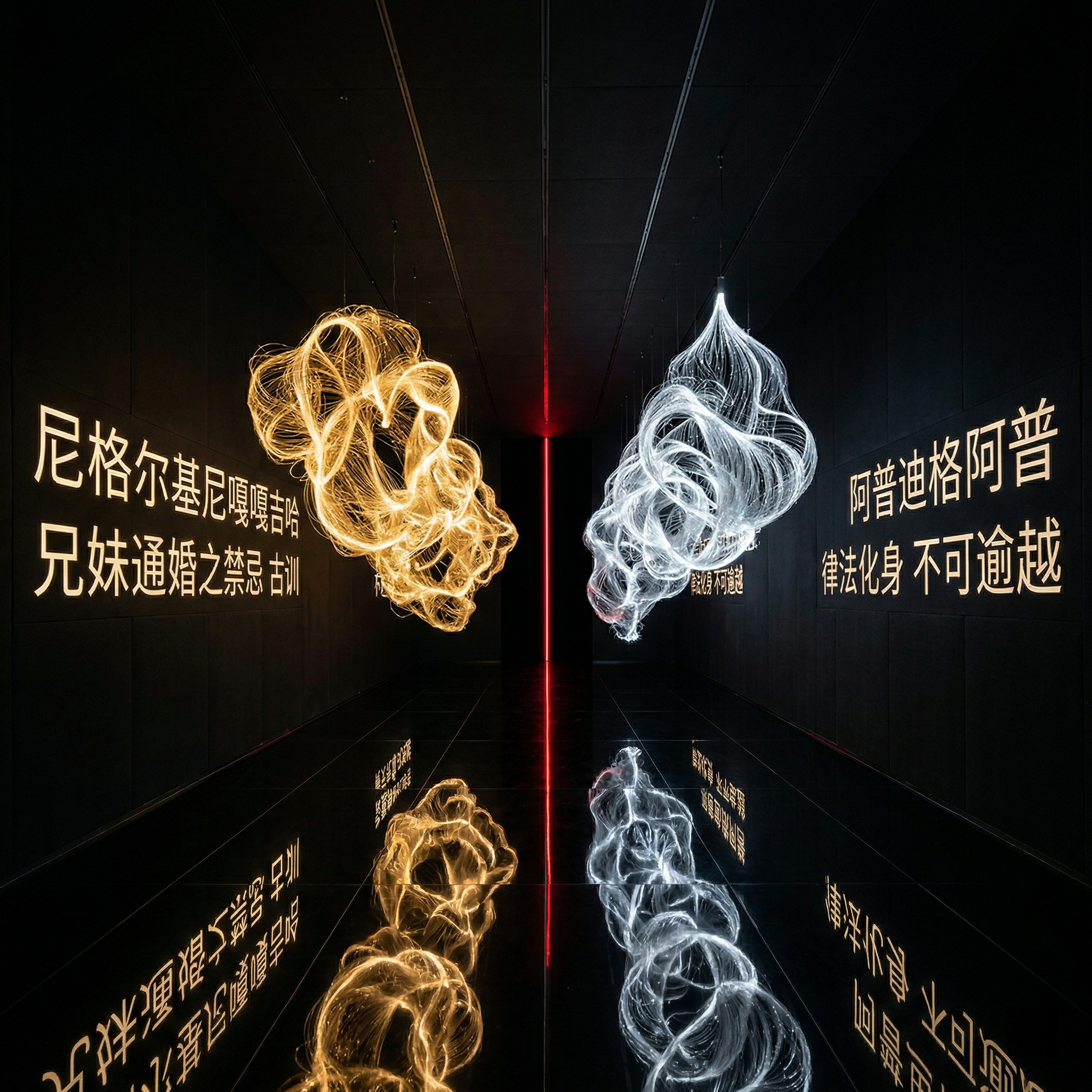 现代美术馆抽象装置艺术空间效果图，狭长通道尺寸为15米长4米宽… - 图片创意预览