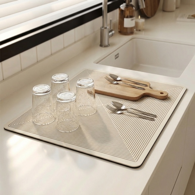 现代美式厨房浅色石英石台面场景，背景虚化保留水槽、龙头、少量餐具，主推图案沥水垫（16"×20"）平铺于台面靠近水槽处，上面放置刚洗好的玻璃杯、刀叉、一个小砧板，呈现正在使用的状态。自然晨光从左侧窗照预览效果