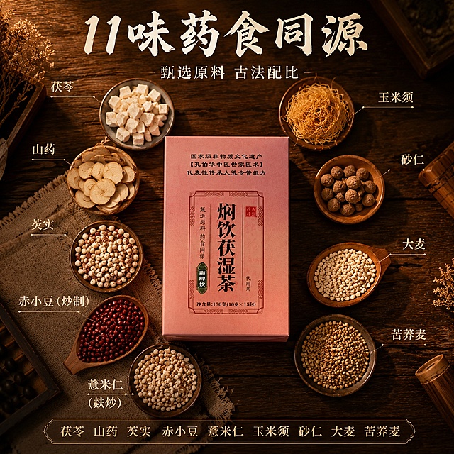 [主图-2] 焖饮伏湿茶原料成分图 11味药食同源食材展示。
[氛围风格] 素雅中医古风 高级质感 深色胡桃木桌 傍晚暖调侧光 食材真实呈现。
[画质] 商业摄影质感 微距纹理清晰 食材颗粒饱满 画面干净有层次 超高清。
[元素] 画面中央放置焖饮伏湿茶粉色包装盒（正面朝向），包装盒周围呈放射状摆放11味真实中药材：茯苓块、山药片、芡实、赤小豆（炒制）、麸炒薏米仁、玉米须、砂仁、大麦、苦荞麦等，分别盛放在小型陶瓷碟和木勺中，错落有致排列。深色胡桃木桌面为基底，局部铺有亚麻布小片。每种食材旁有细线引线连接至对应名称标签。**保持产品包装盒外观（即物理结构、材质质感、颜色、包装文字、LOGO、净含量）与输入产品图绝对一致，杜绝任何变形和色差**。商品主体（包装盒）占比约40%，食材环绕丰富画面。画面满屏无边框。
[光影] 傍晚暖调侧光从左上方斜射，主光柔和；食材表面有自然高光，颗粒纹理清晰；碟子与木勺有柔和阴影；整体暖棕色调，光比适中，暗部有细节。
[配色] 主色深棕（胡桃木）+ 粉色（包装盒）；辅色米白、赭石、土黄、暗红（各食材本色）；字色米白+暖金。
[视角构图] 正俯视（顶视）角度，包装盒居中，食材环绕呈放射状构图；景深较浅，中心清晰，边缘食材微虚化。
[文字版式] 顶部居中主标题"11味药食同源"，书法体大字米白色；下方小字"甄选原料 古法配比"细宋体；各食材旁有小号名称标签，引线纤细不抢主体；底部标注"茯苓 山药 芡实 赤小豆 薏米仁 玉米须 砂仁 大麦 苦荞麦"等食材名横排。文字不遮挡包装盒主体。
[输出要求] 1:1比例 1500×1500 文字清晰锐利 超高清商业摄影质感。
[负向提示词] 二维码 变形 文字错乱 产品模糊 背景杂乱 水印 电商平台Logo。