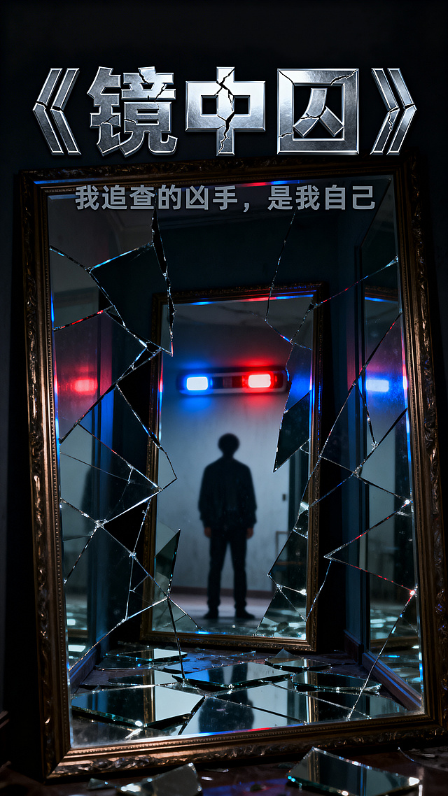 悬疑小说封面，暗色调镜像破碎的镜屋场景，一个模糊人影站在镜子碎片中央，背景有警灯红蓝光晕，整体偏暗。上方是大号粗体银灰色金属质感带裂纹效果的书名"《镜中囚》"，书名下方是小号灰色的副标题文字"我追查的凶手，是我自己"，书名增强金属反光质感。