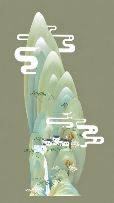保持原图国潮新中式简约风格，重新生成变换山形造型，将原图的古塔替换成小村庄作为点缀预览效果