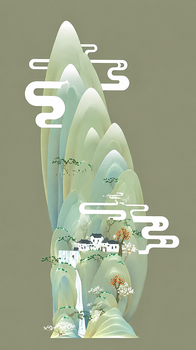 保持原图国潮新中式简约风格，重新生成变换山形造型，将原图的古塔替换成小村庄作为点缀