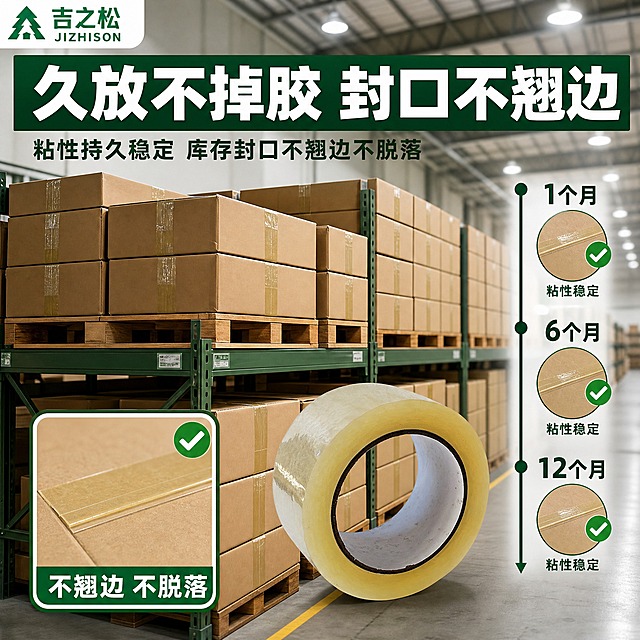[主图-3] 吉之松 55MM 透明黄封箱胶带 久放不掉胶卖点 粘性持久稳定
[统一基调] 1688 B端源头工业风 绿色主色调 深绿标题字 白色辅助字 绿色字背景块 粗黑无衬线字体 简洁硬朗工业感 左上角放置吉之松品牌logo
[画面] 画面主体展示一个仓库货架场景 货架上整齐堆放着用吉之松胶带封口的纸箱 纸箱堆放了多层 体现库存久放的场景 画面左下角有一个特写小窗 展示胶带封口处的细节 边缘平整没有翘边 用对勾图标表示合格 画面右侧有时间轴示意 从1个月到6个月到12个月 每个时间点都有胶带状态良好的图标 产品占画面约40% 场景占约60%
[光影质感] 仓库场景摄影质感 顶部有仓库照明灯的柔和光线 货架和纸箱有自然阴影 特写小窗部分光线明亮清晰 展示胶带边缘细节 整体氛围真实可信 仓储场景感强
[配色] 主色调为绿色 货架为深绿色 时间轴用绿色渐变 字背景为深绿色块 文字白色 纸箱为棕色 胶带保持淡黄色透明质感 背景为仓库浅灰色调带绿色环境光
[文字版式] 左上角放置吉之松品牌logo 画面上方大标题"久放不掉胶 封口不翘边" 放在深绿色矩形背景块上 白色粗体大字 标题下方小字"粘性持久稳定 库存封口不翘边不脱落" 深绿色文字 时间轴旁边标注"1个月""6个月""12个月" 深绿色文字 每个时间点下方有"粘性稳定"的小字 特写小窗旁边标注"不翘边 不脱落" 白色文字放在深绿色小标签上
[输出要求] 1:1正方形比例 文字清晰可读 产品清晰 胶带外观颜色材质与输入图一致 禁止变形 禁止错字 禁止模糊 禁止杂乱 禁止水印 禁止平台logo