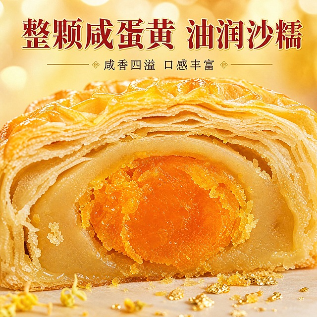 [主图-3] 细节与成分微观种草，超近距离微距展示咸蛋黄油润沙糯的极致质感。
[统一基调] 中式国风暖调高级感，背景主色为米白浅金渐变，标题字色为朱红+烫金描边，辅助字色为深棕，强调色为金色；字体为厚重粗宋衬线体，辅助文案为细宋体；卡片与图标采用金边圆角中式纹样，整体精致典雅有节庆感。
[画面] 画面主体为超微距拍摄的切开月饼横截面，整颗咸蛋黄占据视觉中心，蛋黄表面颗粒分明、油光四溢，呈现诱人的沙糯质地，有微微出油的光泽感；蛋黄周围是绵密细腻的莲蓉，再往外是层层叠叠的酥皮，每一层酥皮都薄如蝉翼、层次分明，酥皮边缘有自然的碎裂感；画面底部有少量金箔碎和桂花点缀；背景为虚化的暖金色光斑，营造梦幻高级感；主标题放在画面上方居中位置，不遮挡蛋黄主体。
[光影质感] 暖调侧逆光打在蛋黄表面，突出颗粒感和油润光泽，酥皮层次在光影下清晰可见，整体通透有食欲，微距质感强烈。
[配色] 暖金色背景光斑 + 橙红蛋黄主色 + 金黄酥皮 + 米白莲蓉 + 朱红标题文字，整体暖调统一，蛋黄颜色饱和诱人。
[文字版式] 画面上方居中主标题"整颗咸蛋黄 油润沙糯"，朱红粗宋大字带烫金描边；下方一行细宋体小字"咸香四溢 口感丰富"；文字简洁有力，放在画面上部负空间，不抢主体风头。
[输出要求] 1:1正方形，2048x2048，2K高清，微距质感强烈，蛋黄颗粒清晰，酥皮层次分明，整体油润有食欲；负向：变形、错字、模糊、杂乱、水印、平台Logo、蛋黄塑料感、酥皮糊成一团、颜色灰暗。
