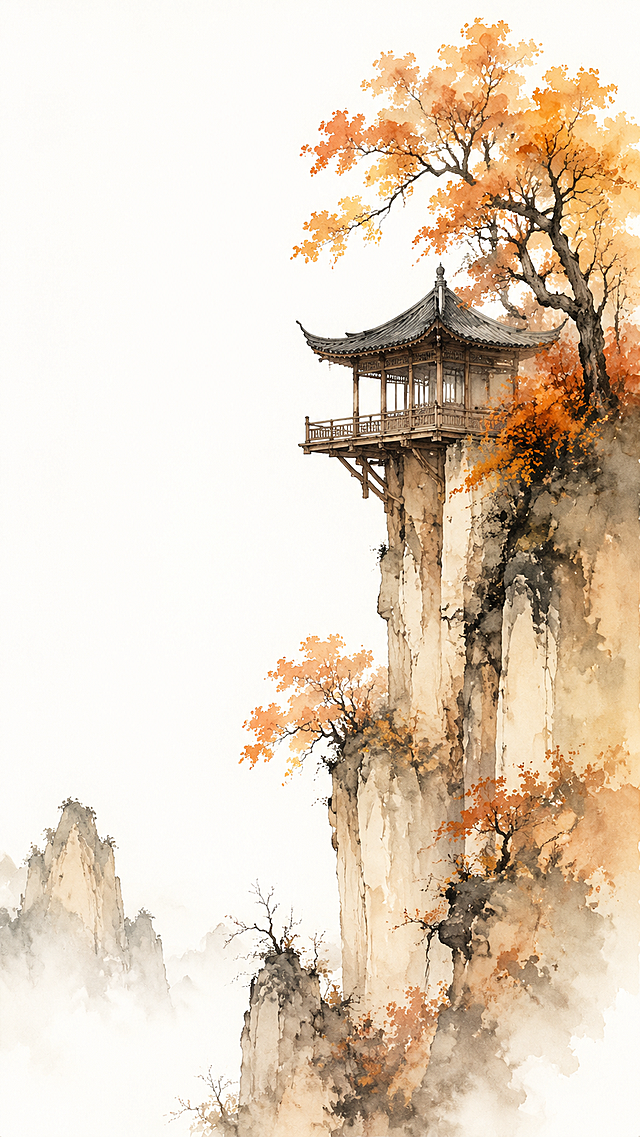 水彩上色，秋天山水，古风悬空阁楼，奇峰峭壁，树木，国风四季系列之秋，纯色留白背景，无多余杂物，竖版
