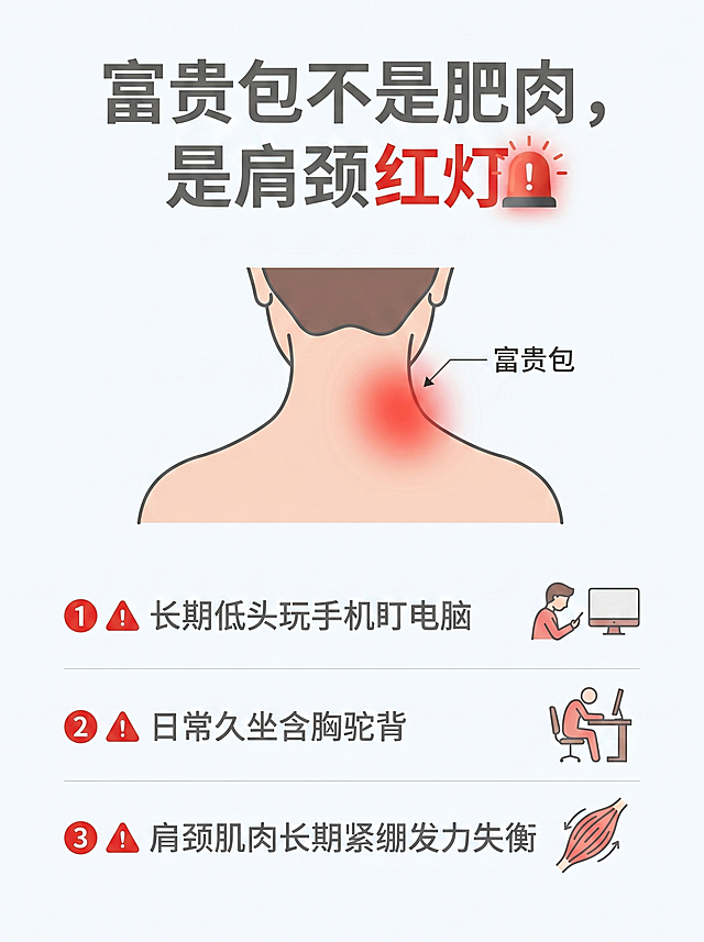 后颈那坨“厚”怎么都减不掉？终于把原因捋明白了👇

文案：快低头自查一下！明明身材并不胖，后颈却鼓鼓厚厚，看着特别显壮😫
很多人都误以为是身上长肉了，一门心思shou身su形，可后颈的凸起半点没变。
其实这根本不是肥肉，就是大家常说的富贵包！
它可不是福气的代表，而是肩颈和体态亮起的红灯🚨。
-
👉 为啥会长出富贵包？
❌ 长期低头玩手机、盯电脑
❌ 日常久坐，含胸驼背
❌ 肩颈肌肉长期紧绷、发力失衡
-
⚠️ 一定要分清：
富贵包≠长胖！
根源就是不好的姿势，外加肌肉紧绷发硬。
放任不管的话，不仅拉低整体气质，还会频繁肩酸、脖子僵，影响日常状态😣
✅ 避坑提醒：
只靠shou身没用，简单揉按也治标不治本❌
👉 真正好用的方式：
放松肌肉 + 科学拉伸颈椎 + 纠正日常坏习惯
-
日常养护可以用上凯伦诗 D8 颈魔方来助力
它主打仰卧四维动态牵引，温和舒展脖颈，专门放松僵硬的肌肉。搭配分区按摩、6档脉冲和三档热敷，作用在后颈、肩背位置，减少肩颈的僵硬，还是无线磁吸遥控设计
根据以上内容帮我生成一套5张以文字内容为主的科普内容配图，要求风格保持一致，内容准确排版合理，每张图片主题明晰，最后植入产品（产品外观与参考图保持一致），比例3：4，「图片1」