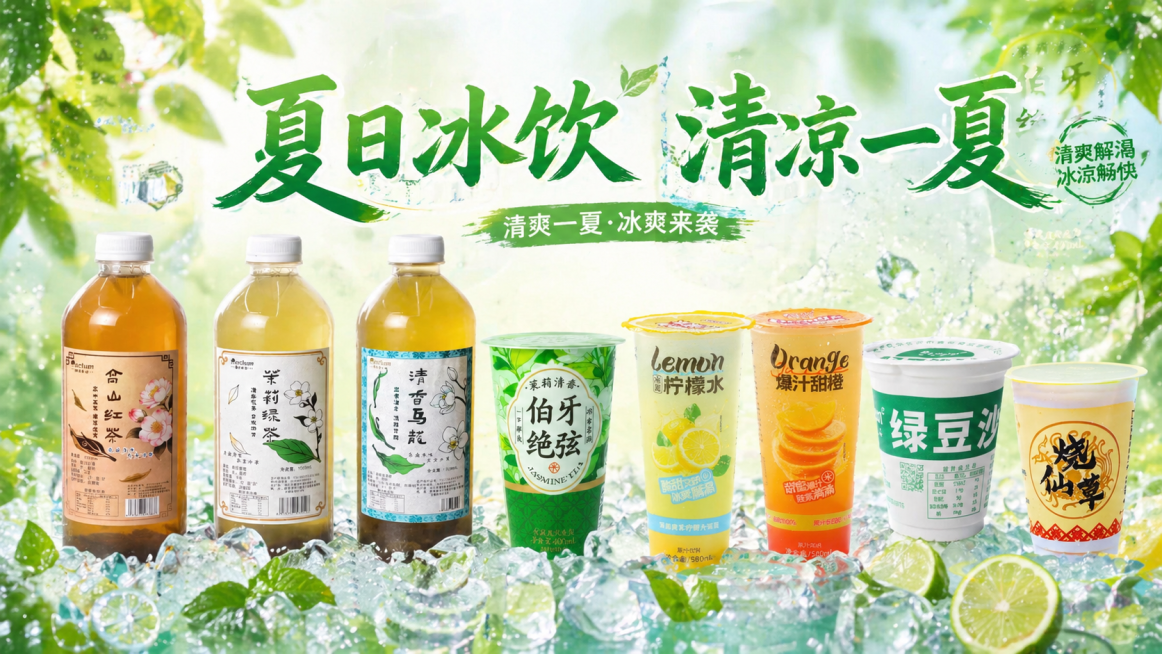 重新生成8款饮料夏日饮品宣传海报，保证所有产品自然融合到背景中，溶图效果自然过渡，没有生硬拼接痕迹，保持整体清新清爽的夏日冰饮风格，8款饮料整齐排列，保留主题文字"夏日冰饮 清凉一夏"，背景搭配清新夏预览效果