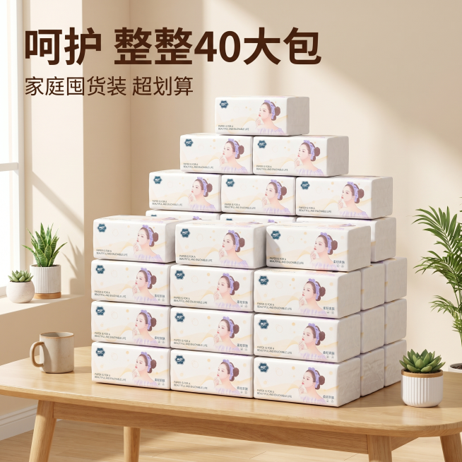 [主图 1] 呵护品牌40包抽纸囤货首图，严格保证一共40包抽纸，不能多不能少，突出足量性价比
[氛围风格] 温馨真实家居风，干净清爽整洁
[画质] 商业摄影质感，光线柔和通透，产品清晰真实，画面干净预览效果