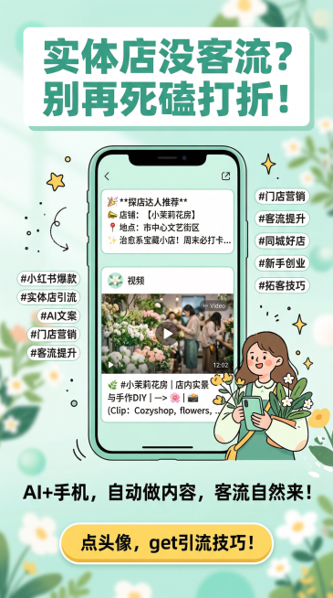 小红书风格竖版营销海报，顶部用薄荷绿加粗字体搭配白色背景写着“实体店没客流？别再死磕打折！”，中间展示手机屏幕上AI生成的创意引流文案和精美的门店宣传视频，周围环绕着小红书风格的话题标签，下方用深绿色预览效果