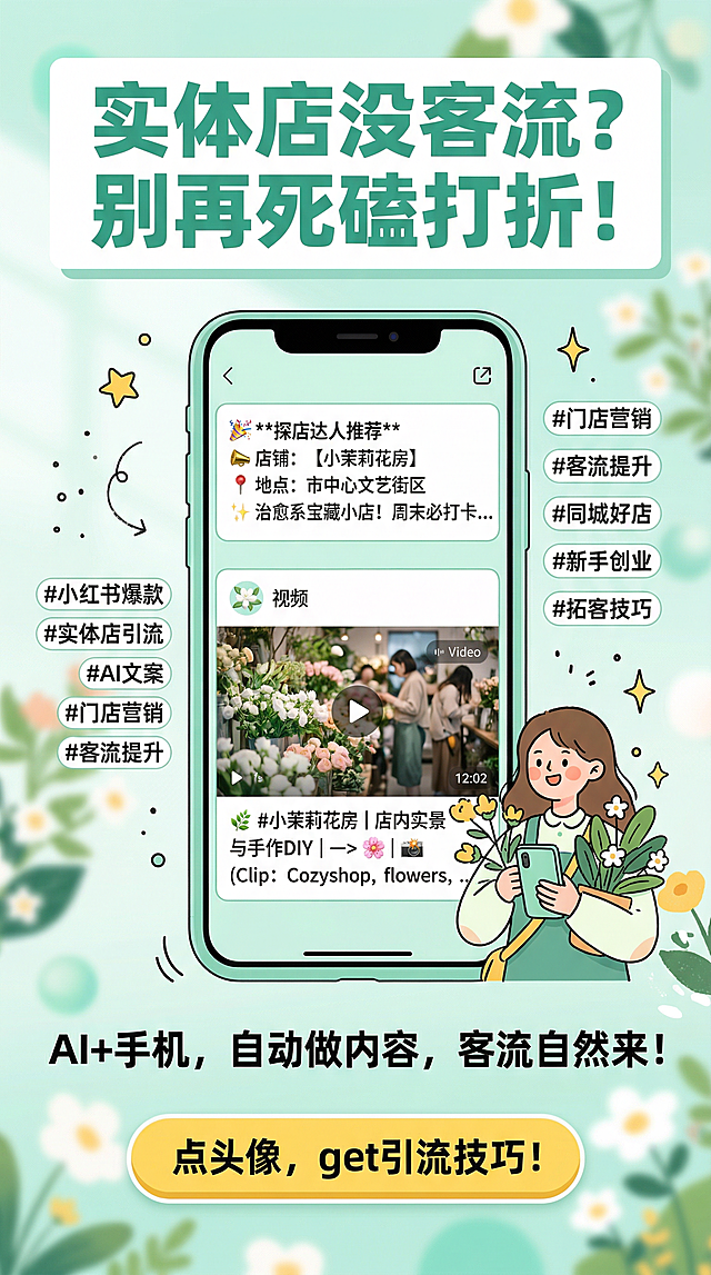小红书风格竖版营销海报，顶部用薄荷绿加粗字体搭配白色背景写着“实体店没客流？别再死磕打折！”，中间展示手机屏幕上AI生成的创意引流文案和精美的门店宣传视频，周围环绕着小红书风格的话题标签，下方用深绿色字体写着“AI+手机，自动做内容，客流自然来！”，底部用黄色按钮样式写着“点头像，get引流技巧！”，风格清新治愈