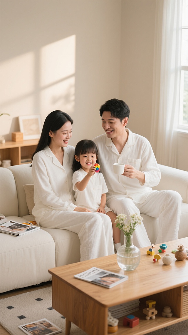 温馨的家庭场景，柔和的自然光从左侧窗户洒入，营造出温暖舒适的氛围。画面中央是一家三口，年轻的父母和可爱的小女孩，他们穿着白色的家居服，坐在米白色的宽大沙发上，姿态放松自然，脸上洋溢着幸福的微笑和互动。小女孩坐在父母中间，手里拿着一个彩色的小物件，正举起来给妈妈看，妈妈温柔地注视着她，爸爸则在一旁微笑着，右手拿着一个白色的小杯子。沙发上散落着几本杂志和一些小玩具，增添了生活气息。沙发前方是一张木质茶几，上面摆放着一个透明的玻璃花瓶和一些装饰品。整个场景采用柔和的暖色调，光线明亮柔和，阴影过渡自然，呈现出高清写实的摄影质感，捕捉家庭生活中温馨、宁静而幸福的瞬间。