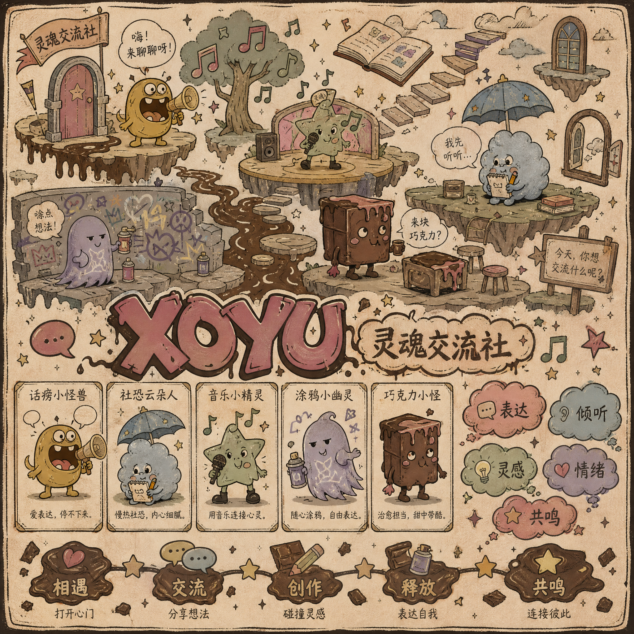 XOYU灵魂交流社世界观场景展板，2D复古涂鸦插画风格，扁平手… - 图片创意预览