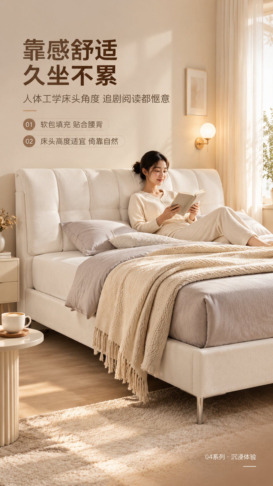 [商品] 使用【图1】米白色C级布艺高脚齐边床；保留软包床头竖… - 图片创意预览