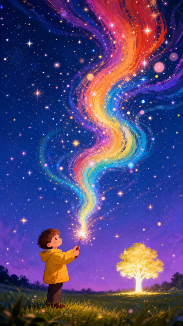 一个小孩在夜空下，手举着烟花棒，烟花棒中流出的色彩范围更大，整体画面往上移动，多彩光芒往上飘动，手绘插画风格，浪漫治愈氛围预览效果