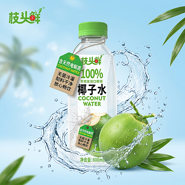 枝头鲜100%椰子水主图，展示含天然电解质卖点，画面搭配动态椰子水飞溅效果，新鲜青椰果实搭配产品瓶身，浅蓝色清爽背景，构图简洁高级，突出天然健康产品特点，1000X1000PX正方形，电商主图风格