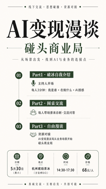 一张AI变现漫谈碰头商业局线下活动海报，质朴简约风格，突出文字信息重点，画面包含活动信息：Part1·破冰自我介绍 主持人开场 每人3分钟:我是谁+在做什么+AI困惑；Part2·圆桌交流 每人带场景预览效果
