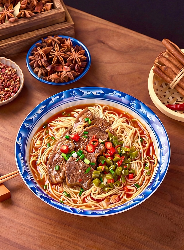 精细化图中的牛肉纹理，增强牛肉质感和细节，保留原图的构图、其他配料、餐具和背景不变