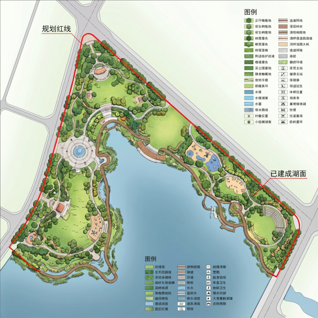 保留这张图的全部设计元素和湖面范围，仅修改：将右侧的主圆形广场移动到左侧的大草坪空地上，保持原有的彩色平面设计风格和图例标注不变预览效果