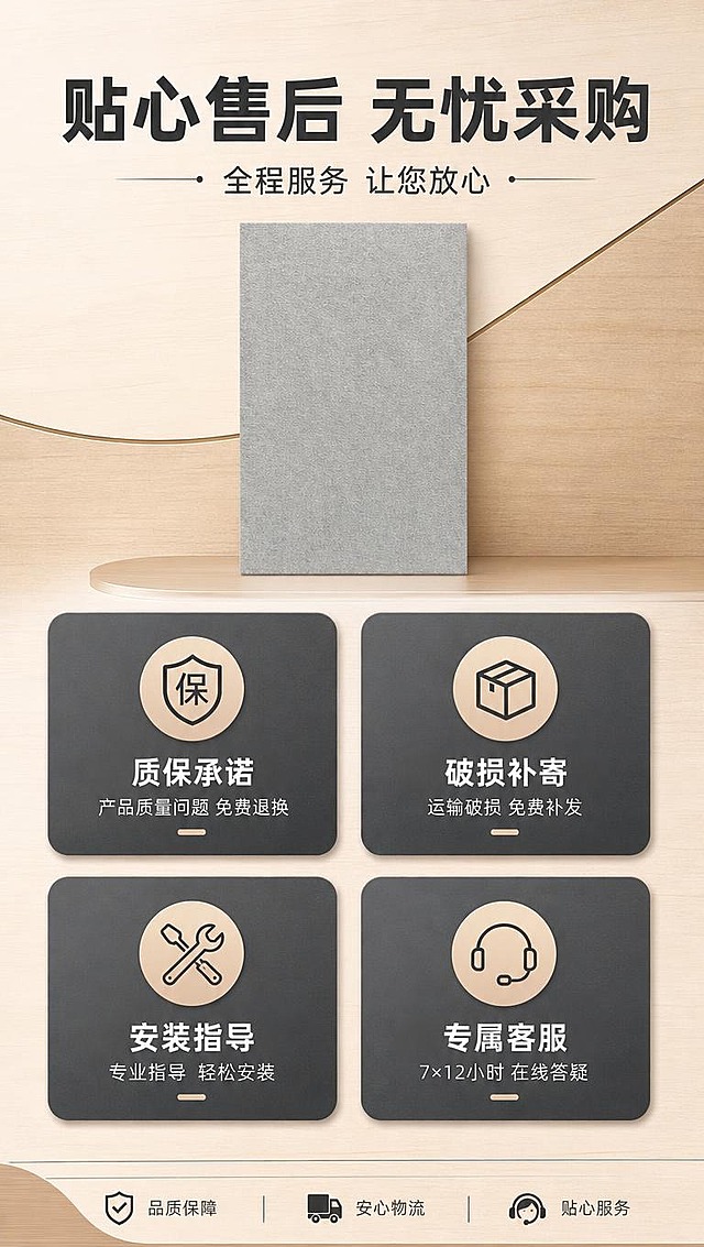 [商品] 使用【图3】背面聚酯纤维吸音板；保留灰色纤维材质和矩形轮廓；缩小作为售后页装饰元素，去除背景杂物。
[画面] 目标：售后服务介绍，消除购买顾虑，增强下单信心。构图：竖版9:16，上方标题区，中部4个售后保障卡2×2排列（质保承诺/破损补寄/安装指导/专属客服），每卡配图标+文字；背景浅木色渐变，阅读动线从上到下、从左到右。
[视觉] 套系策略：风格=现代建材工业风商业摄影；标题字=粗黑无衬线黑体；正文字=简洁无衬线中黑体；主色=浅橡木棕；背景延展=基于浅木棕做深浅渐变、同色系几何分割和细腻木纹/水泥质感；强调色=深炭灰，仅用于小面积图标、引线和标签；标题色=深炭灰；正文色=中暖灰；组件=圆角深灰信息卡、细线引线、盾牌/耳机/扳手/退换图标；光影=平光清晰展示文字。
[文字] 顶部主标题「贴心售后 无忧采购」，副标题「全程服务 让您放心」；4个保障卡横排文字：质保承诺（产品质量问题 免费退换）、破损补寄（运输破损 免费补发）、安装指导（专业指导 轻松安装）、专属客服（7×12小时 在线答疑）；文字全部横排。
[规格] 图片比例9:16竖版，4K，抖音/快手详情页风格；避免变形、错字、文字过小、冷蓝背景、极限词。