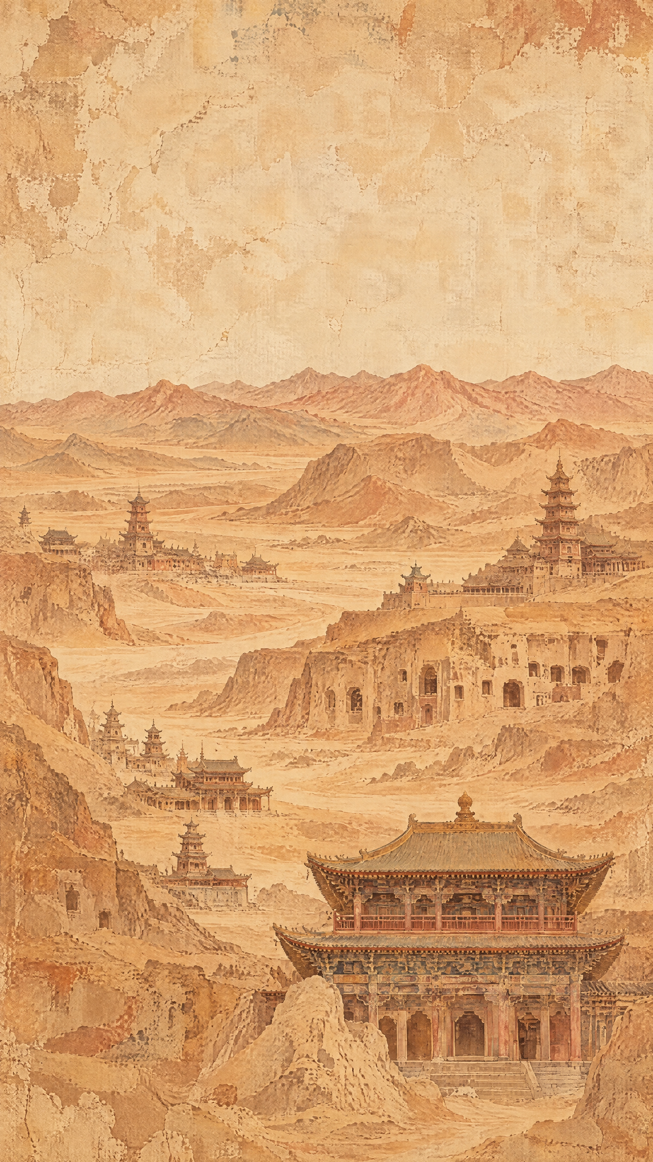 敦煌风格岩彩画，画面中部为沙漠山丘与敦煌古建筑群，包括多层塔楼… - 图片创意预览