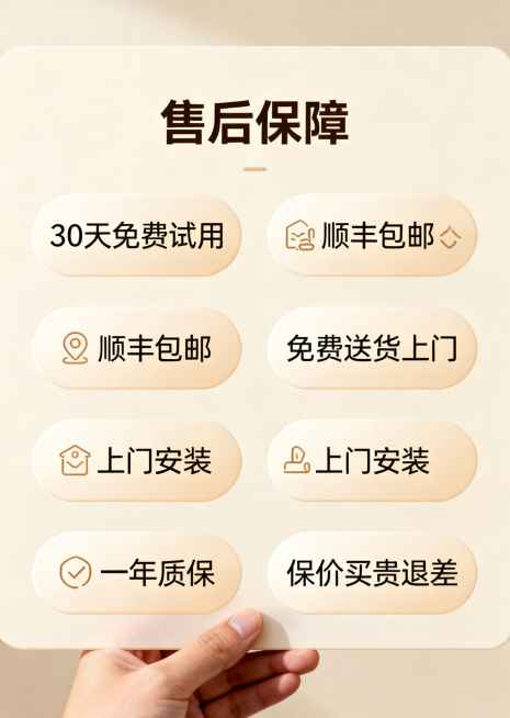 参考示例图片风格，生成一张直播手持kt板，背景是浅米色，顶部有标题“售后保障”，kt板内容为：30天免费试用、顺丰包邮、免费送货上门、上门安装、一年质保、保价买贵退差，每个服务项都放在圆角矩形框里，添预览效果