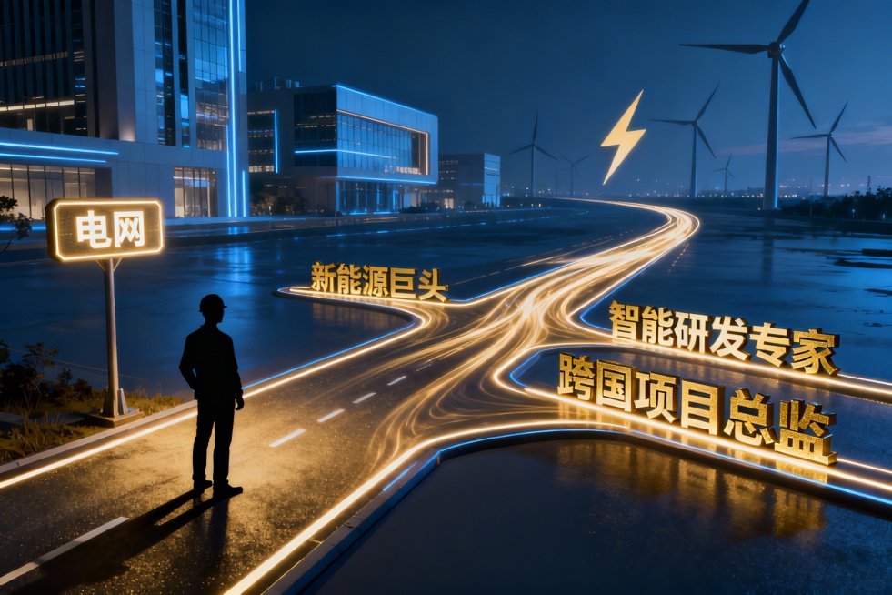 [image-电气工程师形象剪影站在城市夜景的分岔路口，左侧道路标牌发光显示“电网”，右侧三条发光道路分别标有“新能源巨头”、“智能研发专家”、“跨国项目总监”烫金立体字，背景中现代化建筑与风力发电机预览效果