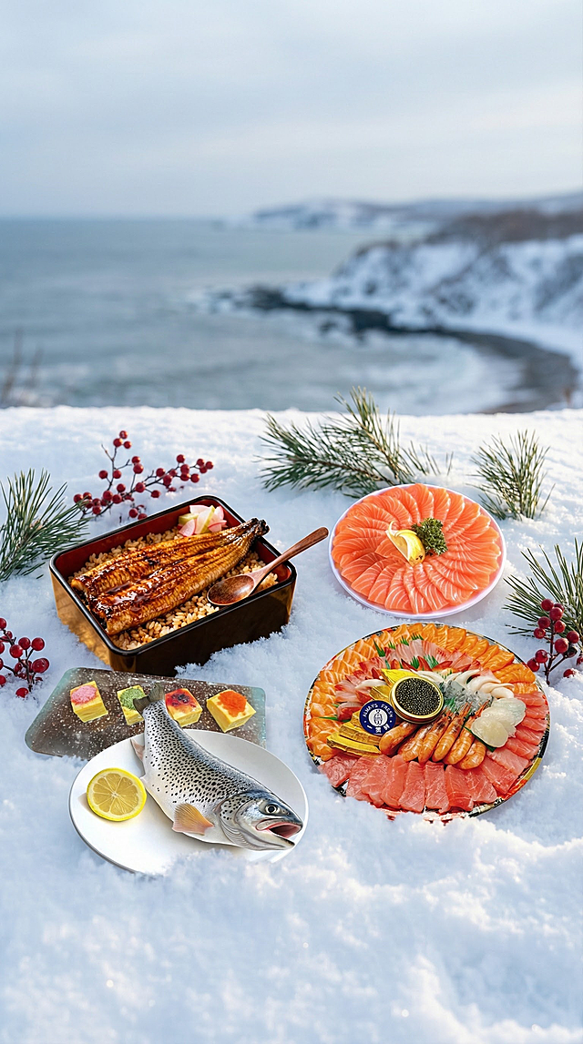 8K 高清摄影级画面，精致摆盘的 [菜品] 置于松软天然雪地，搭配松针、浆果点缀，侧逆光勾勒菜品与雪粒细腻质感，浅景深虚化冬日大海场景，冷白主色调中菜品暖色调点缀，营造高级静谧的冬日美食氛围。产品在画面的下方位置，所有产品融进一张图，比例为竖版9：16