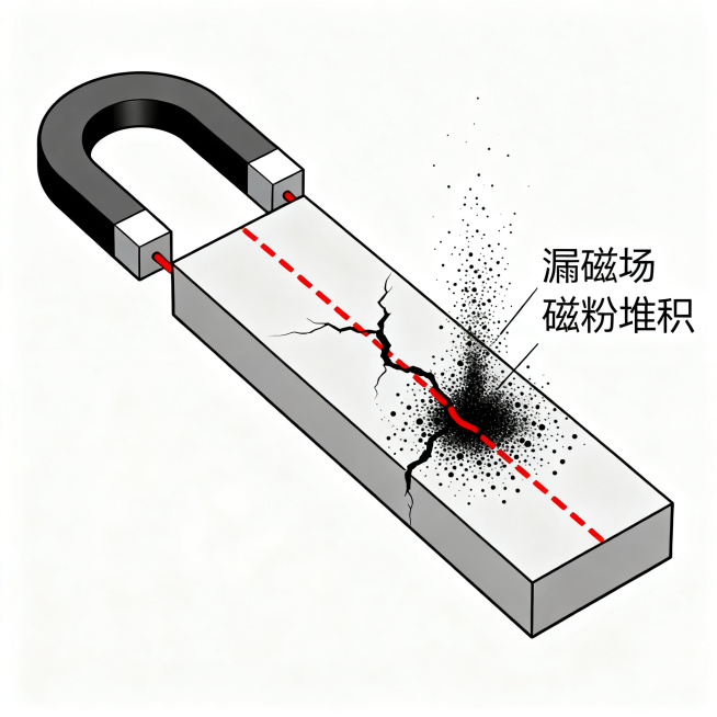 科学示意图，U型磁铁夹住一个长方形工件，用红色虚线画出磁力线贯穿工件。工件表面有一道裂纹，磁力线在裂纹处鼓起溢出表面形成漏磁场，在鼓起区域分布大量小黑点代表磁粉堆积。标注文字"漏磁场"和"磁粉堆积"。预览效果