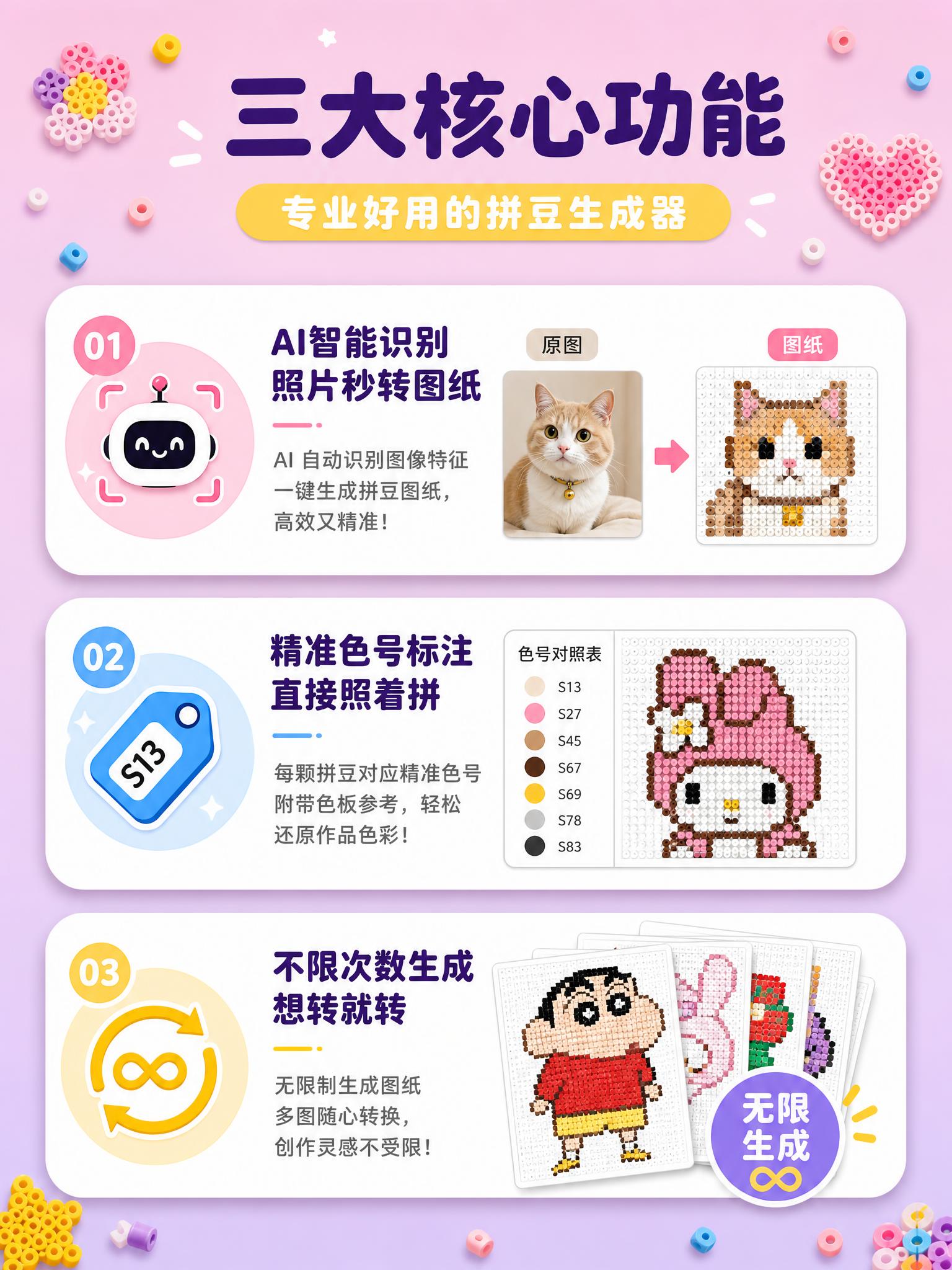 [主图-3] 服务亮点与专业证明理性说服。详细展示拼豆生成器的… - 图片创意预览