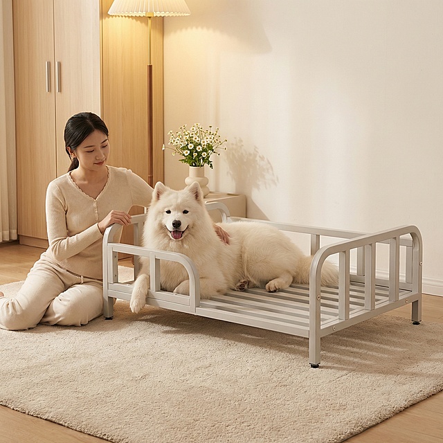 浅灰色金属框架狗床，保持原产品物理结构绝对不变，床下面没有轮子，床腿没有额外东西，床上没有床垫。产品主体不变形不扭曲。
微俯视视角，三分法构图，平稳放置在奶油风卧室的浅米色地毯上，有清晰接触阴影。
背景是浅原木色衣柜和奶白色墙面，落地灯暖光，小清新温馨卧室氛围。
床上趴着一只慵懒开心的萨摩耶，年轻东亚女孩坐在床边地毯上，温柔抚摸狗狗的后背，姿态放松。
柔和漫射暖光，房间整体偏暖调，低对比度，阴影柔和，画面干净明亮，莫兰迪奶油色系。
床头柜点缀一瓶白色洋甘菊，氛围温馨治愈，生活感满满。
淘宝种草风摄影，8K分辨率，通透干净，小清新风格。保持 1:1 画面比例。
