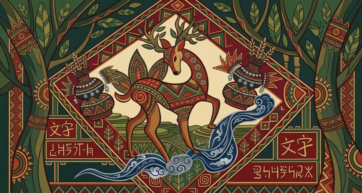 基于提供的草图，重新创作国潮扁平风插画，主题拉祜族马鹿引路：强化拉祜族民族特色，增加更多拉祜族传统几何纹样装饰，调整整体构图细节，保持红绿色调国潮扁平风格，保留主体马鹿和两边树木的基本结构，让画面更具预览效果