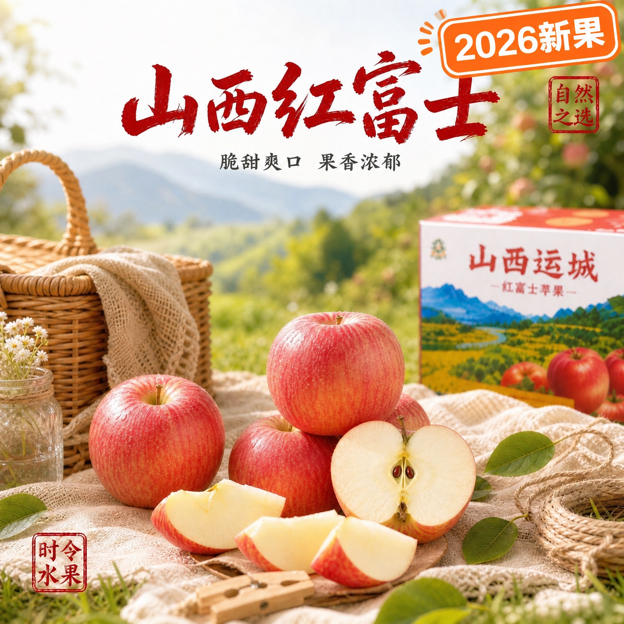 严格保持原图构图、光影、苹果、包装箱、竹篮、布料以及所有原有中… - 图片创意预览