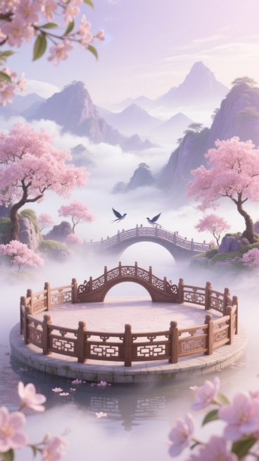 画面主体是圆形中式围栏平台，融合鹊桥、山水景观、粉色桂花树元素。淡粉色、浅紫色为主色调，搭配清新白色，营造出梦幻、浪漫且温柔的七夕节氛围，像给画面蒙上一层轻柔薄纱，色彩过渡自然且富有层次感 。预览效果