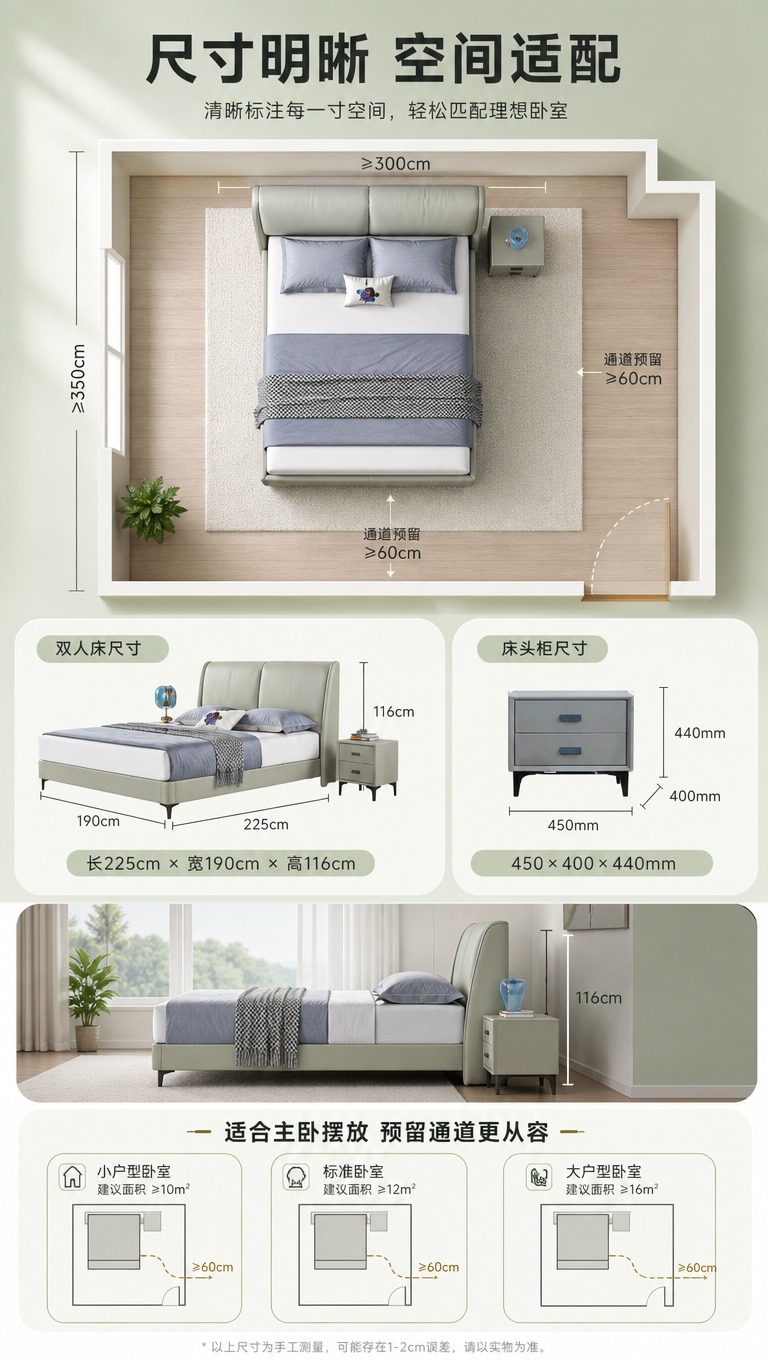 [商品] 使用【图1】浅绿色真皮软包双人床和【图2】床头柜；保… - 图片创意预览