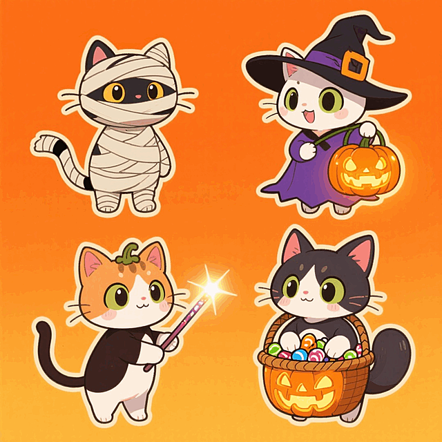 4个万圣节小猫变装元素，分别是：木乃伊小猫、戴着巫师帽提着南瓜灯的小猫、拿着魔法棒的小猫、提着用南瓜灯做的篮子（里面装满糖果）的小猫，上下两行整齐排列，橙色背景。