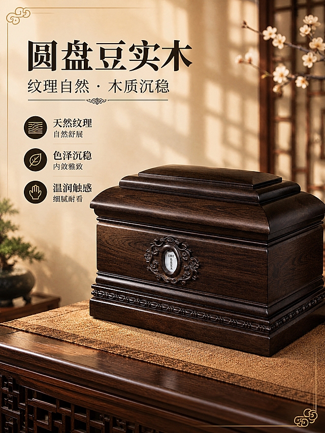 [商品] 使用【图2】圆盘豆实木纹理自然木质沉稳图；严格保留原图所有文字内容、排版布局、左侧三个卖点图标、顶部装饰纹样、背景场景、桌面摆件、产品角度与构图、四角装饰边框，100%不变；仅修正产品颜色：将偏红偏亮的木色调回原图标准的深棕红/深褐色实木颜色，颜色参考用户提供的原始产品图（深暗的棕红色，沉稳内敛）。
[画面] 目标：修正产品颜色，使其与原始产品图的深棕红实木一致，其他所有元素完全保留。产品处理：加深木色，降低红色饱和度，向深褐棕色调校准；增强深色木纹质感，使整体色泽沉稳内敛，符合圆盘豆实木沉稳木色的描述；阶梯式盒盖、正面雕花铭牌、底部连珠纹等结构细节完全保留，仅调整颜色。
[视觉] 完全继承原图风格=新中式传统庄重商业主图；所有原有元素100%保留，仅产品木色向深棕红/深褐色校准；背景、文字、装饰、摆件全部不变。
[文字] 原有全部文字完整保留不变，位置、字体、颜色、大小完全一致。
[规格] 竖版比例与原图一致，4K分辨率，负向提示：避免改变构图、改变文字、改变背景、改变摆件、产品变黑色、产品变浅黄、木纹消失、雕花变形、文字错乱、颜色过暗、颜色过亮、边框变形。