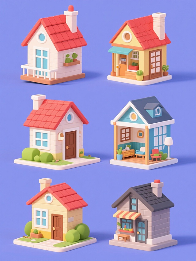 一套6个不同装修风格的卡通小房子系列素材集合，每个房子保持相同的整体建筑形态（带红色瓦片屋顶、烟囱、二楼小阳台、一楼大窗户和棕色木门，门前有小路和绿色灌木丛），但拥有完全不同的色彩搭配和内部装修细节，整体采用平面化卡通风格，色彩鲜亮明快，边缘圆润，带有轻微阴影表现立体感，所有房子规整排布在纯色背景上，每个房子分别展现现代简约、北欧、复古、日式、地中海和工业风的装修特色，画面整体色彩协调且每个房子各具鲜明视觉个性。