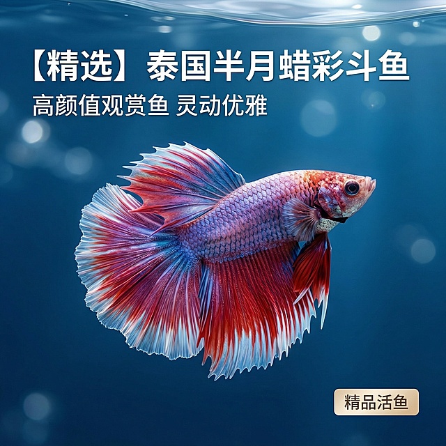 [主图 1],[主图主题] 泰国半月蜡彩斗鱼展示首图 [氛围/风格] 清新水族风格，高级质感，自然柔和光影 [画面元素] 泰国半月蜡彩斗鱼保持原图片外观特征，居中展示，背景为清澈干净的深蓝色水族缸背景，有轻柔光斑，水面微透，主体斗鱼完整，不切割，占比约60% [配色色系] 主色调：深蓝色水族背景，辅助色：斗鱼自身的红白蓝渐变尾鳍色彩 [视角构图] 正面平视，景深适中，画面干净无干扰 [文字版式] 左上角主标题 "【精选】泰国半月蜡彩斗鱼"，副标题 "高颜值观赏鱼 灵动优雅"，字体为无衬线粗体，白色字；右下角浅色标签 "精品活鱼"，整体构图均衡，文字不遮挡主体斗鱼 [比例分辨率] 1:1 比例，2k 分辨率