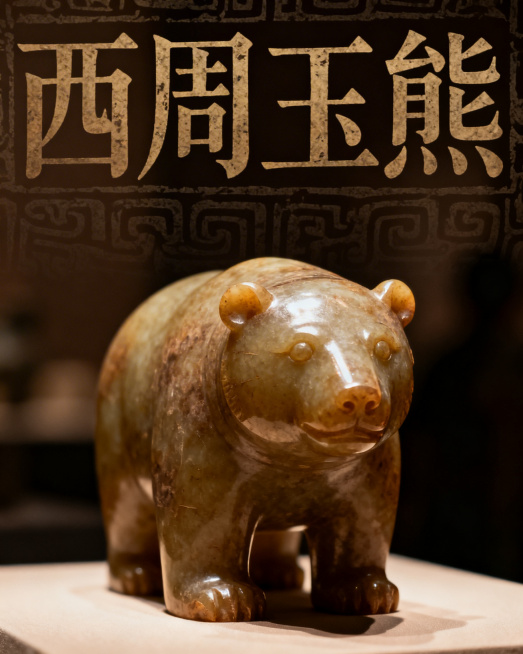 西周玉熊，造型古朴厚重，质感温润细腻，背景搭配古朴大气的篆书文字，整体风格典雅庄重，充满历史厚重感预览效果