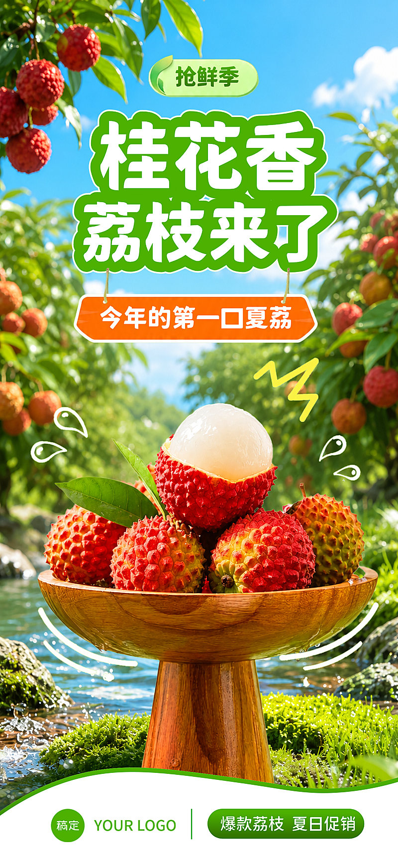 夏日水果抢鲜季荔枝促销手机全屏竖版海报