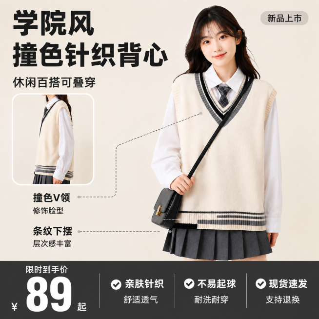 [单张主图] 商品名称为学院风撞色针织背心，生成一张淘宝平台的爆款促销风格1:1主图，添加价格和卖点文字，保持模特、服装与原图一致，突出性价比和产品卖点。本次采用顶部大标题型版式：顶部28%区域放主标预览效果