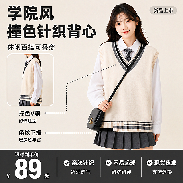 [单张主图] 商品名称为学院风撞色针织背心，生成一张淘宝平台的爆款促销风格1:1主图，添加价格和卖点文字，保持模特、服装与原图一致，突出性价比和产品卖点。本次采用顶部大标题型版式：顶部28%区域放主标题和胶囊标签，中部展示模特穿搭主体占55%，底部17%区域通栏色块放价格和促销信息。保持模特和服装外观、物理结构、材质质感、颜色与输入图片绝对一致，杜绝任何变形和色差，精细化处理，商品主体占比控制在60%左右，画面满屏无边框。
[画面主体] 亚洲年轻女模特，保持原图的容貌、妆容、发型和姿态，穿着米白色V领针织马甲搭配白色衬衫格纹领带，斜挎黑色包包，搭配灰色百褶短裙，模特展示到膝盖以上，头部完整不裁切，姿势自然松弛，马甲完整呈现所有撞色条纹设计细节，包包位置保持不变。
[场景元素] 背景使用低饱和浅奶杏色纯色肌理墙，干净简洁不抢主体，保留原图左侧小框侧面展示图，圆角边框突出不同角度效果。
[文案版式] 顶部左侧：第一行超大粗黑主标题「学院风撞色针织背心」，第二行小一点粗体字「休闲百搭可叠穿」；顶部右侧浅灰色圆角胶囊标签写「新品上市」；保留原图左侧标注文案：「撞色V领 修饰脸型」「条纹下摆 层次感丰富」，引线位置和样式保持不变；底部深灰色通栏色块，左侧写超大白色数字价格「89」，上方小字「限时到手价」，右侧分三列排列三个卖点，每列上短句下说明「✓ 亲肤针织 舒适透气」「✓ 不易起球 耐洗耐穿」「✓ 现货速发 支持退换」，文字与背景强对比，清晰易读，所有文字不遮挡模特和服装主体，保留安全边距。
[光影质感] 主光为正面柔和时尚摄影光，均匀打亮模特和衣服，辅光补暗部，针织纹理清晰可见，整体光线通透干净，阴影柔和，突出材质质感，呈现高级商业摄影质感。
[配色字体] 主色调浅奶杏色，辅助色为马甲本身米白+黑灰撞色，价格区用深灰色块配白色文字，字体选择粗黑无衬线，主标题最大，价格数字第二大，辅助文案最小，层级清晰对比明显，整体风格清晰好读适合淘宝促销。
[比例分辨率] 1:1比例，2048x2048像素，文字清晰可辨，画面超高清。
[负向提示词] 变形，水印，文字错乱，产品图模糊，背景杂乱，主体遮挡，错字，伪Logo，结构错误，低分辨率，模特换脸，姿势变形，服装变色
