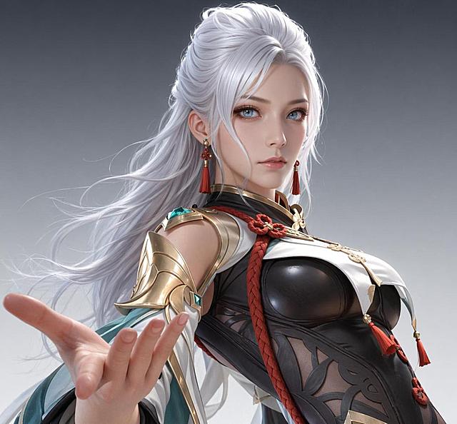 1girl,solo,shenhe (genshin impact),long hair,looking at viewer,shoulder cutout,earrings,blue eyes,jewelry,breasts,bodysuit,gradient background,clothing cutout,gradient,white hair,black bodysuit,tassel earrings,breast curtain,upper body,lips,tassel,cosplay,makeup,