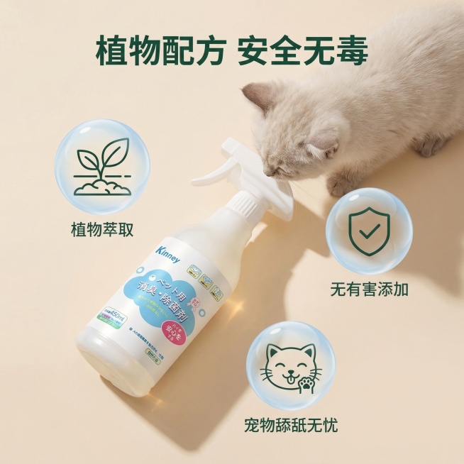 【主图3】：宠物除臭喷雾安全成分展示，清新纯净风格，侧逆光，突出安全无害。产品侧放于画面中心，旁边有一只小奶猫凑近嗅闻喷雾瓶口，产品周围悬浮3个晶莹的气泡，气泡内分别是植物提取物、安全无害标识、舔舐无预览效果