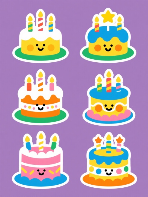 一组六个造型各异但元素相同的系列素材集合，每个元素均为卡通风格的生日蛋糕，采用纯色背景，保持原有的简约扁平设计风格和线条特点，画面整体色彩进行变换，每个蛋糕拥有不同的主色调，原有的笑脸、黄色腮红、绿色边框、蓝色奶油、彩色条纹蜡烛、黄色星星和装饰线条等元素内容保持不变，但每个蛋糕的造型完全不同，包括不同的蛋糕层数、奶油形状、蜡烛数量和摆放位置、装饰图案的细微变化，所有元素规整排布在画面中，形成统……预览效果