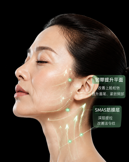 将图中的女性面部老化，增加明显的法令纹和眼周皱纹，调整面部整体状态到40岁左右的年龄感，保留原图的背景、发型、医美筋膜线条和文字，只修改面部年龄感预览效果
