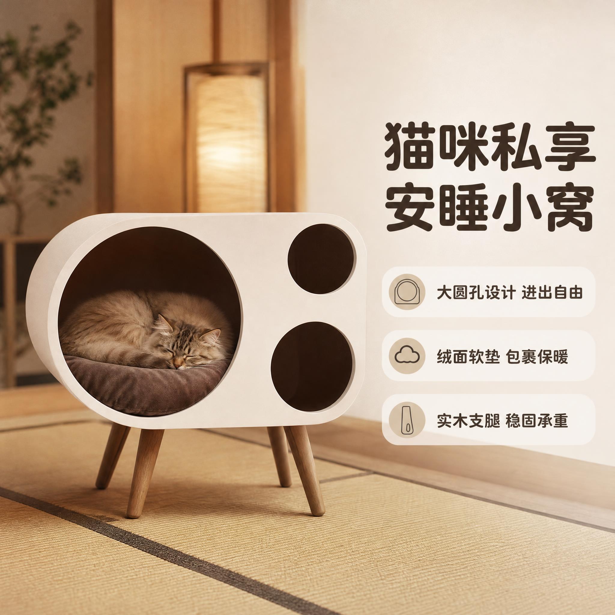 [主图-2] 功能卖点图，强调猫咪的“窝”，突出大圆孔内部空间… - 图片创意预览