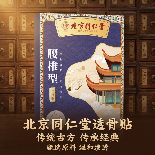 产品为北京同仁堂腰椎型透骨贴，产品外观与原图保持完全一致，居中展示，背景使用中式复古木纹，带有传统中药柜纹理，整体风格复古养生，主文案“北京同仁堂 透骨贴”，副标题“传统古方 传承经典”，卖点文案“甄预览效果