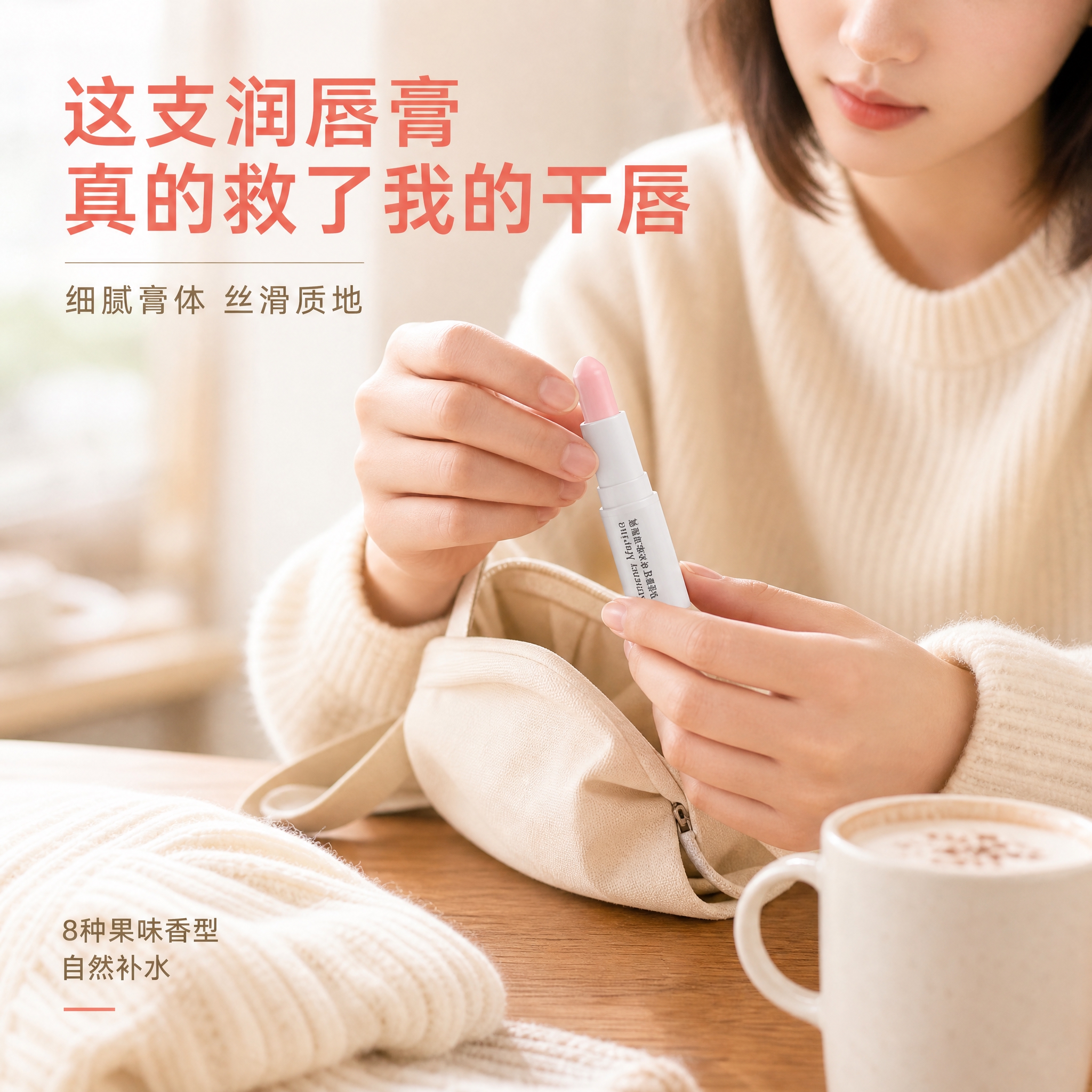 [主图-2] 女生从包里拿出润唇膏，旋出膏体展示细腻质地，突出… - 图片创意预览