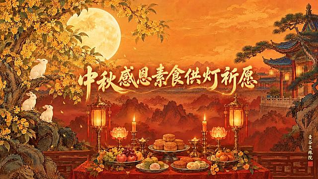 保持这张16:9横版中秋海报的画面内容、构图、橙红暖色调、中国风手绘插画质感、满月、桂花树、玉兔、蓝瓦楼阁、远山、宫灯与素食供桌全部完全不变，仅新增两处文字，不要改动任何原有元素与色彩：
1）画面中部（供桌上方、远山之前）居中排布主标题艺术字：“中秋感恩素食供灯祈愿”，写成中式毛笔书法艺术字，暖金色带柔和光晕，笔画有飞白、连笔与描边质感，字体大气舒展，与背景色调协调；
2）在画面角落（右下角）放置小字：“曼谷文殊院”，竖排，中式书法小字，米白或暖金色，可配一枚朱红印章，尺寸小巧不抢主体。
两处文字均需完整正确、无错别字、无多余字符，其余画面零改动。